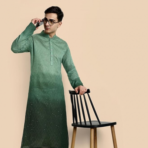 Men's Cotton Chikankari Embroidered and Sequence Full Sleeve Knee Length Casual Kurta